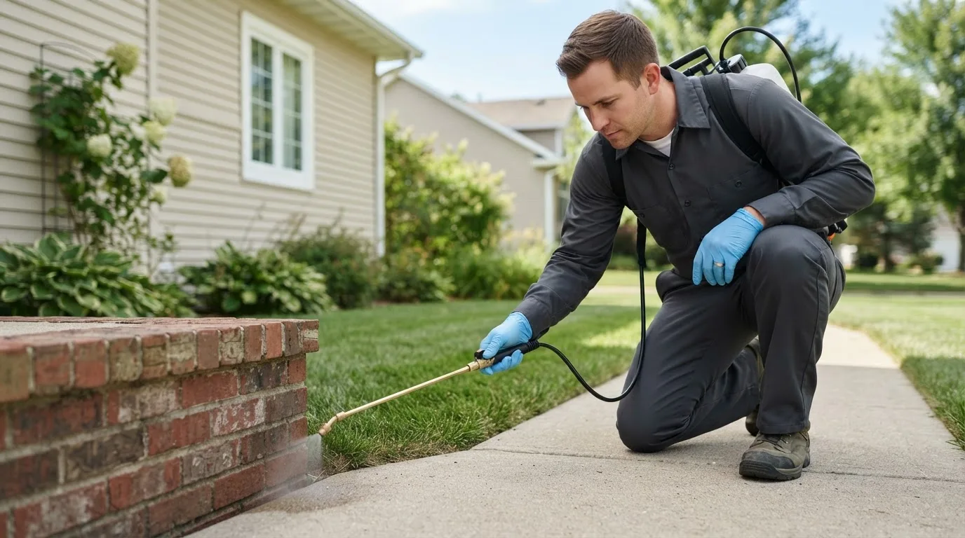 Pest control technician treating a home near Fullerton, CA